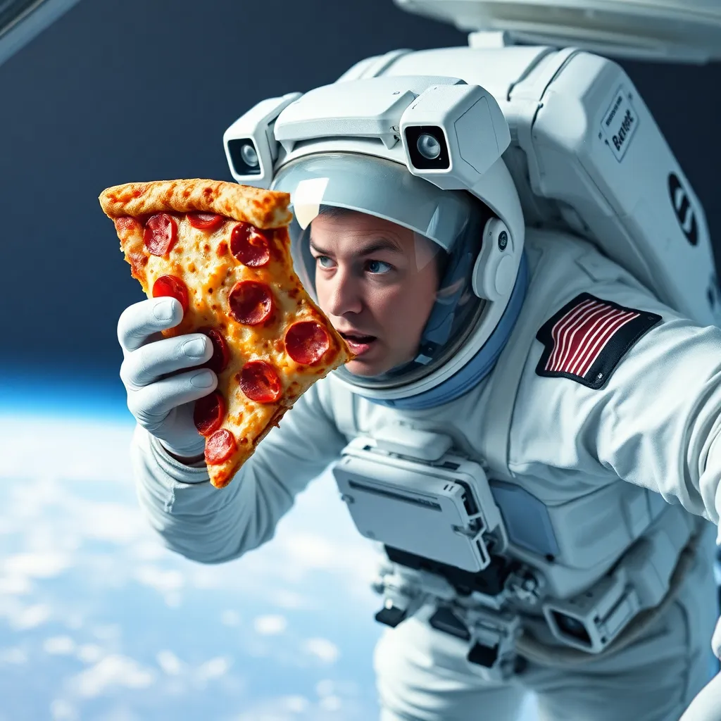 Astronaut in a spacesuit holding a slice of pizza in space.