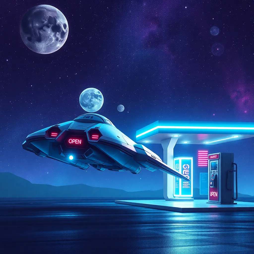 Spaceship with glowing lights parked at a neon-lit futuristic station with two moons in the background.