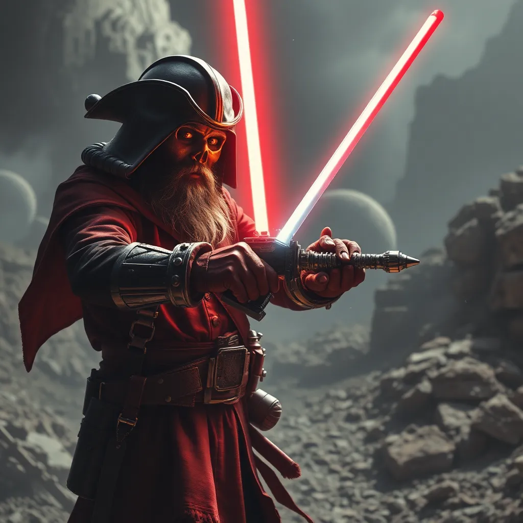 Figure with a lightsaber against a dusty, otherworldly background.