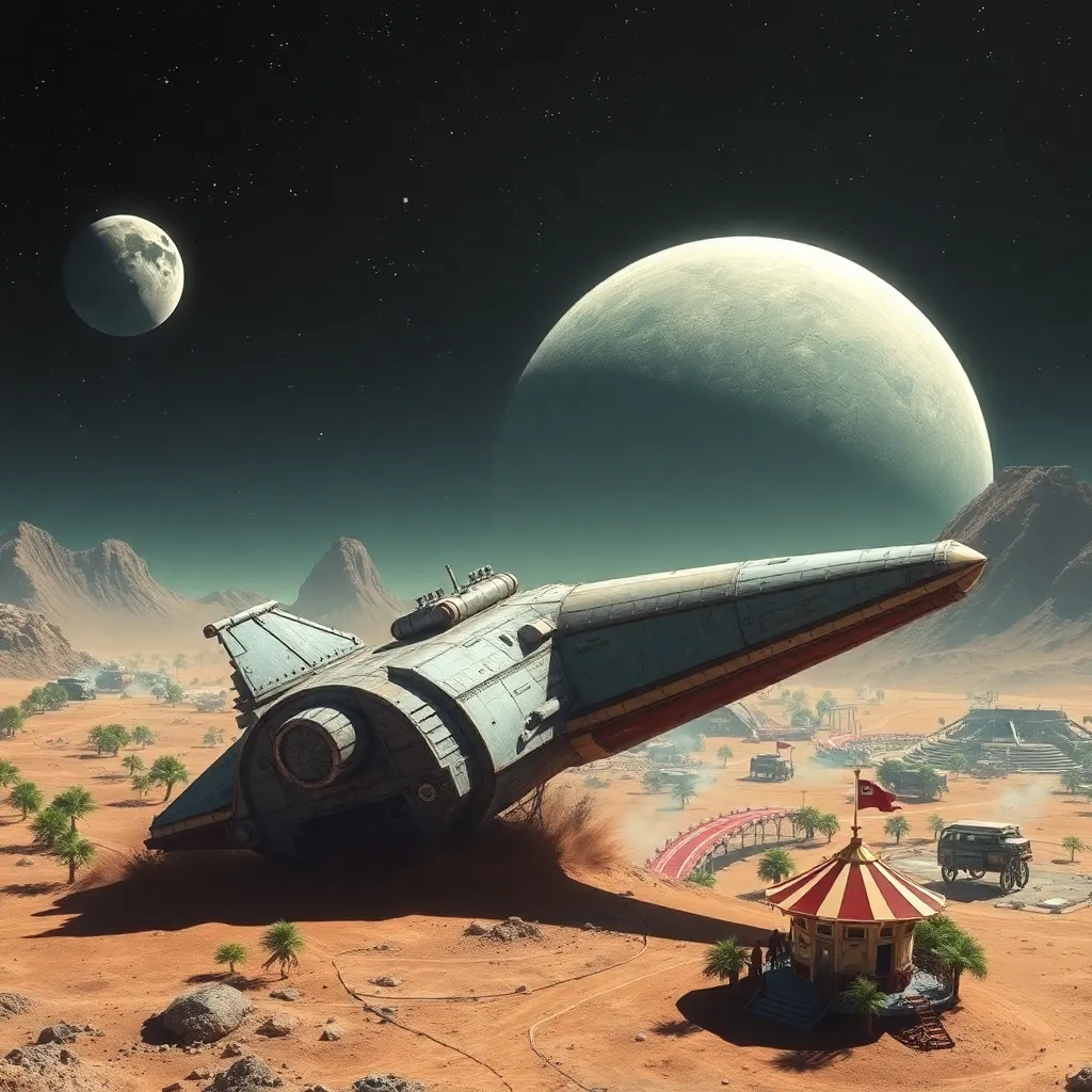 Spaceship flying over a desert landscape with a large moon in the sky.