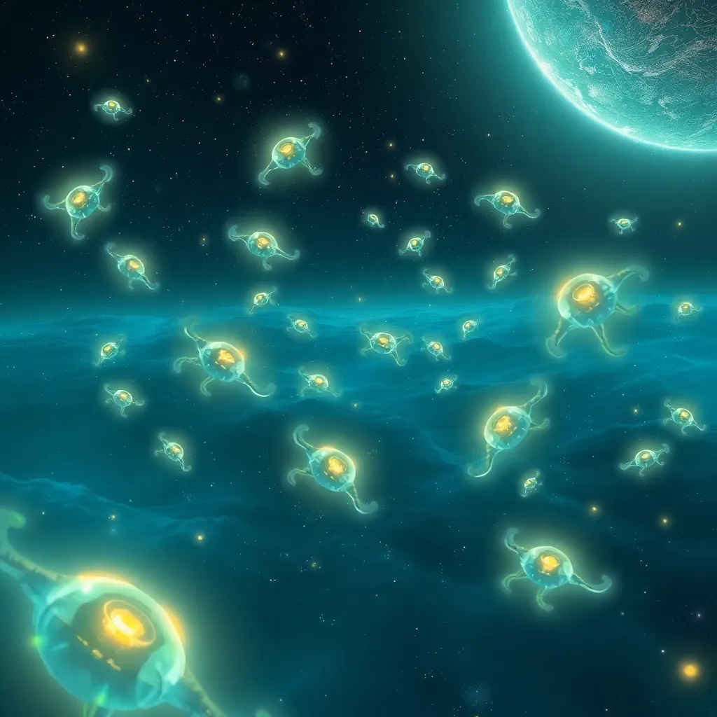 Group of glowing, jellyfish-like creatures floating in a blue, star-filled space.