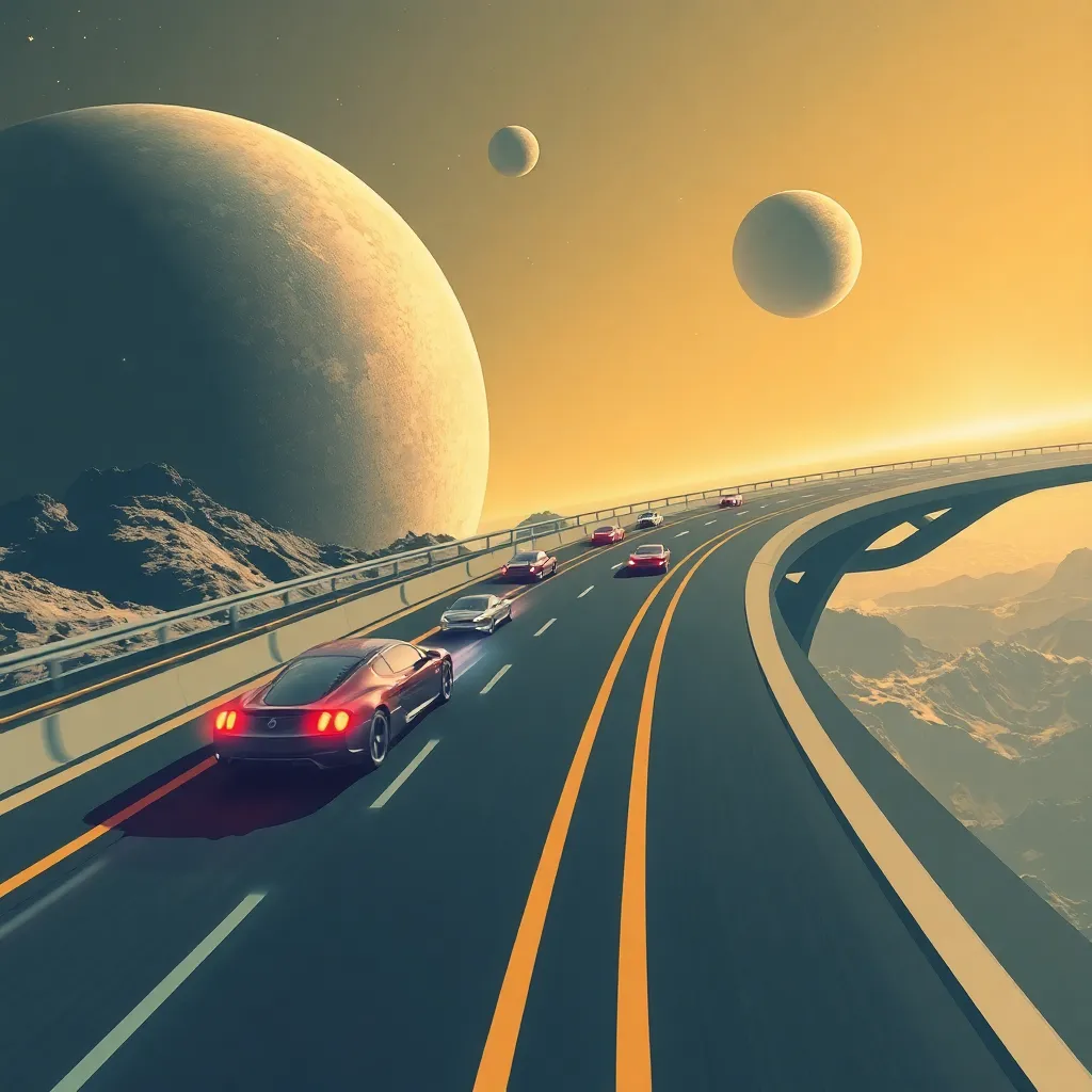 Road stretching into the distance with two large planets in the sky.