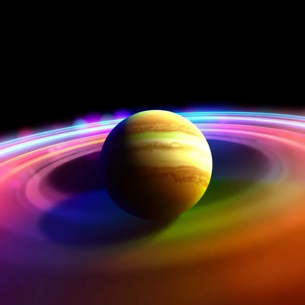 Planet with a striped surface and a colorful ring against a dark background.