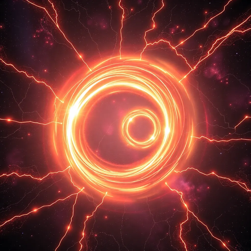 Bright orange and red circular light pattern with lightning-like streaks.