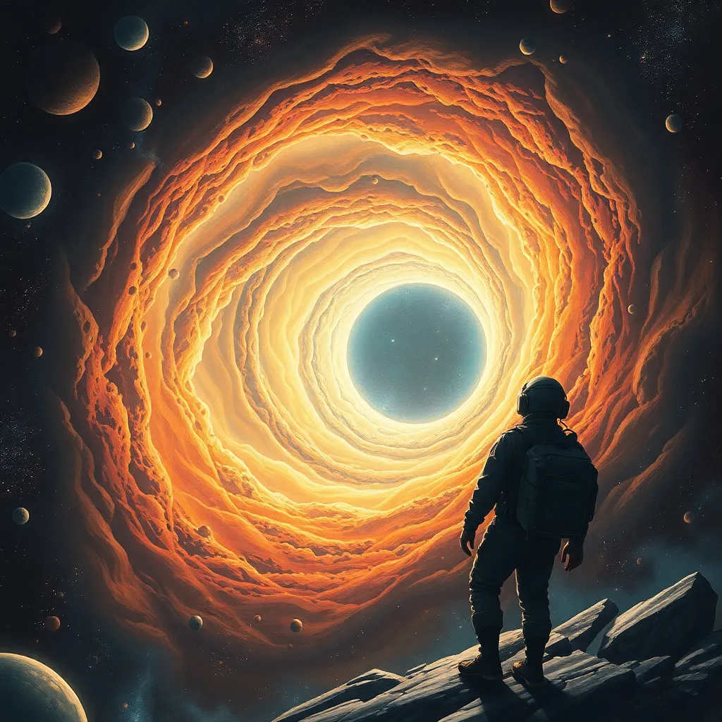 Silhouette of a person looking at a black hole with a swirling orange and black halo.