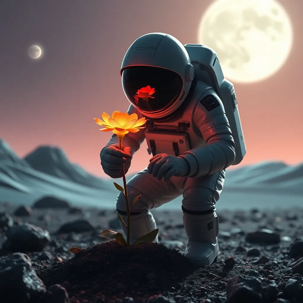 Astronaut on a rocky surface with a full moon and a glowing object in their hand.