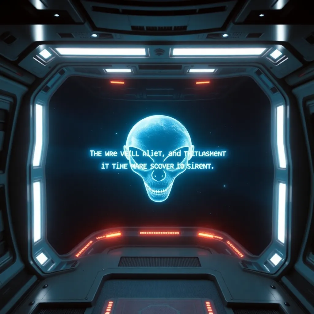 Futuristic doorway or portal with a glowing alien skull symbol.