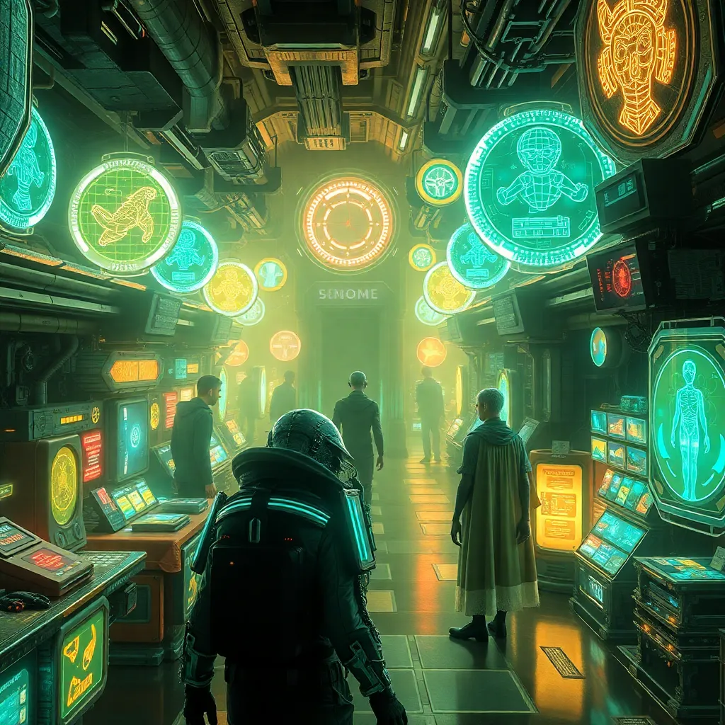 Interior of a futuristic spaceship with glowing screens and a shadowy figure.