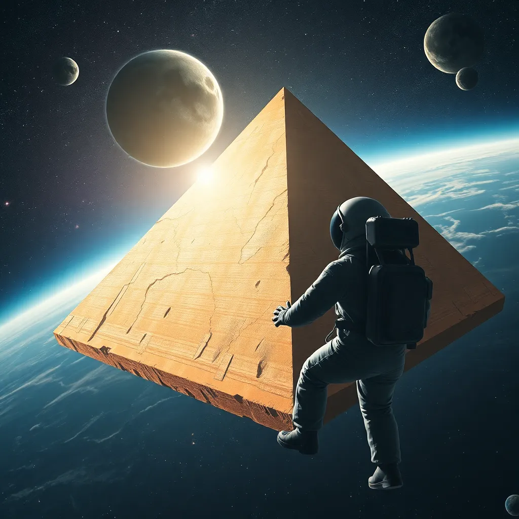 Figure in a spacesuit floating near a pyramid in space with a planet in the background.