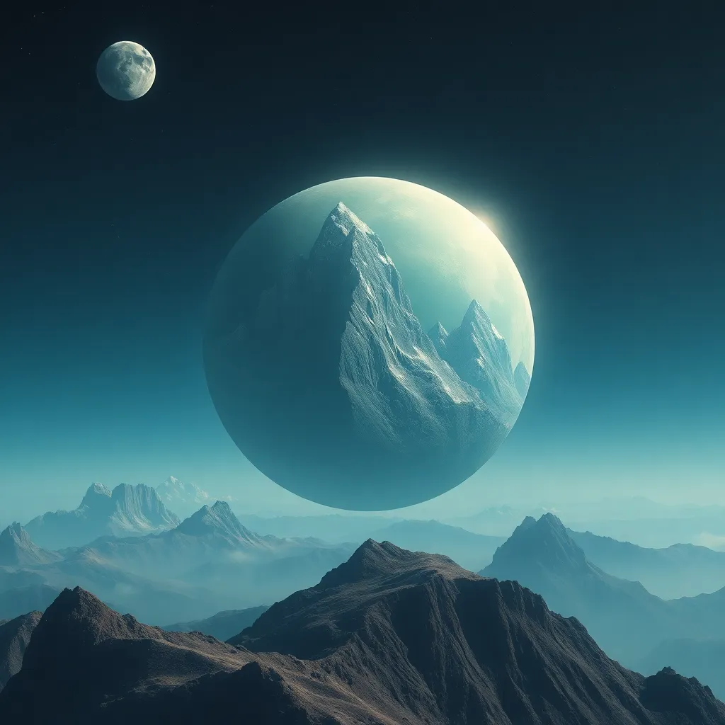 Large, pale planet with craters floating above a mountainous landscape.