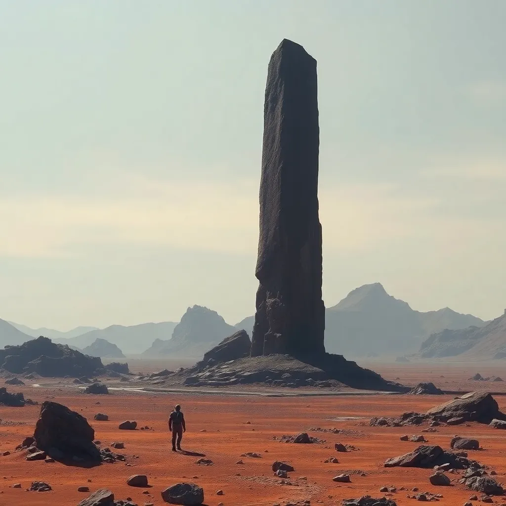 Tall, dark monolith on a desolate, rocky planet with a light sky.