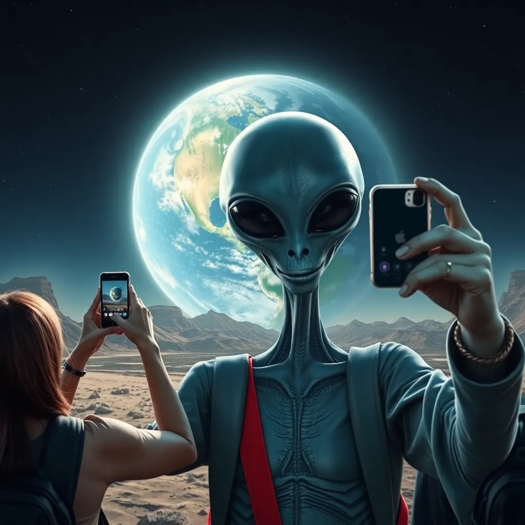 Alien figure taking a selfie with a glowing planet and another figure.