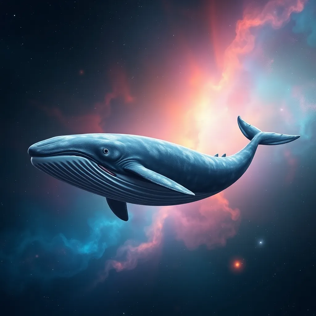 Whale swimming in space with a nebula background.