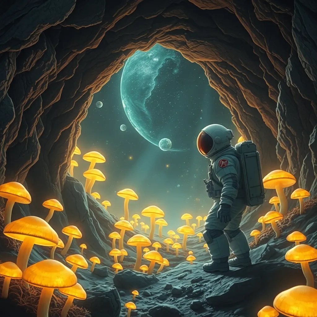 Figure standing in a cave with glowing mushrooms and a whale swimming in space outside.