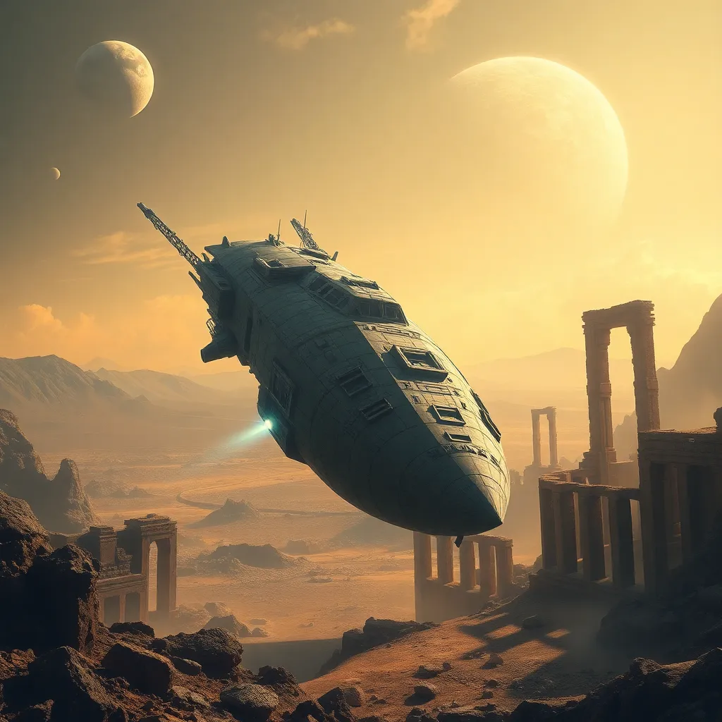 Spaceship flying over a desolate landscape with a small moon in the sky.