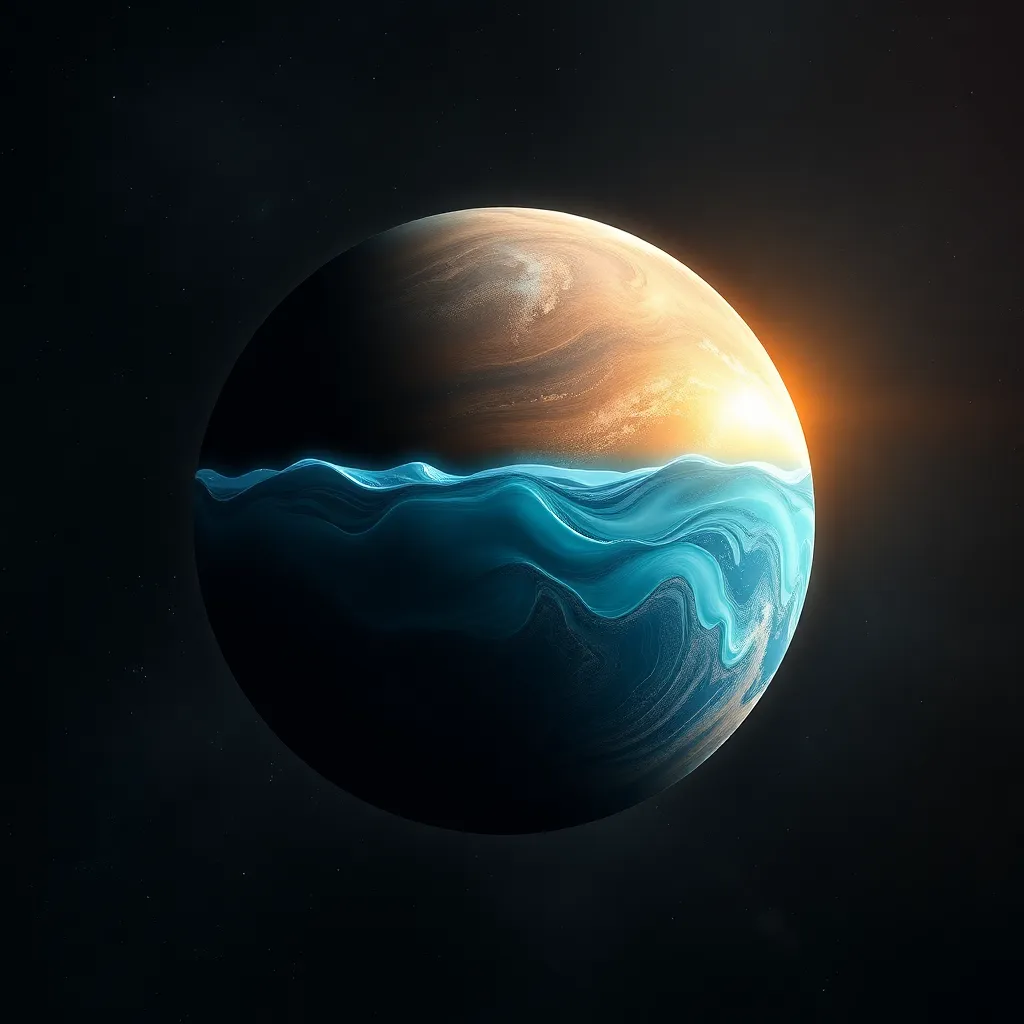 Half-submerged egg-shaped planet with a dark background.