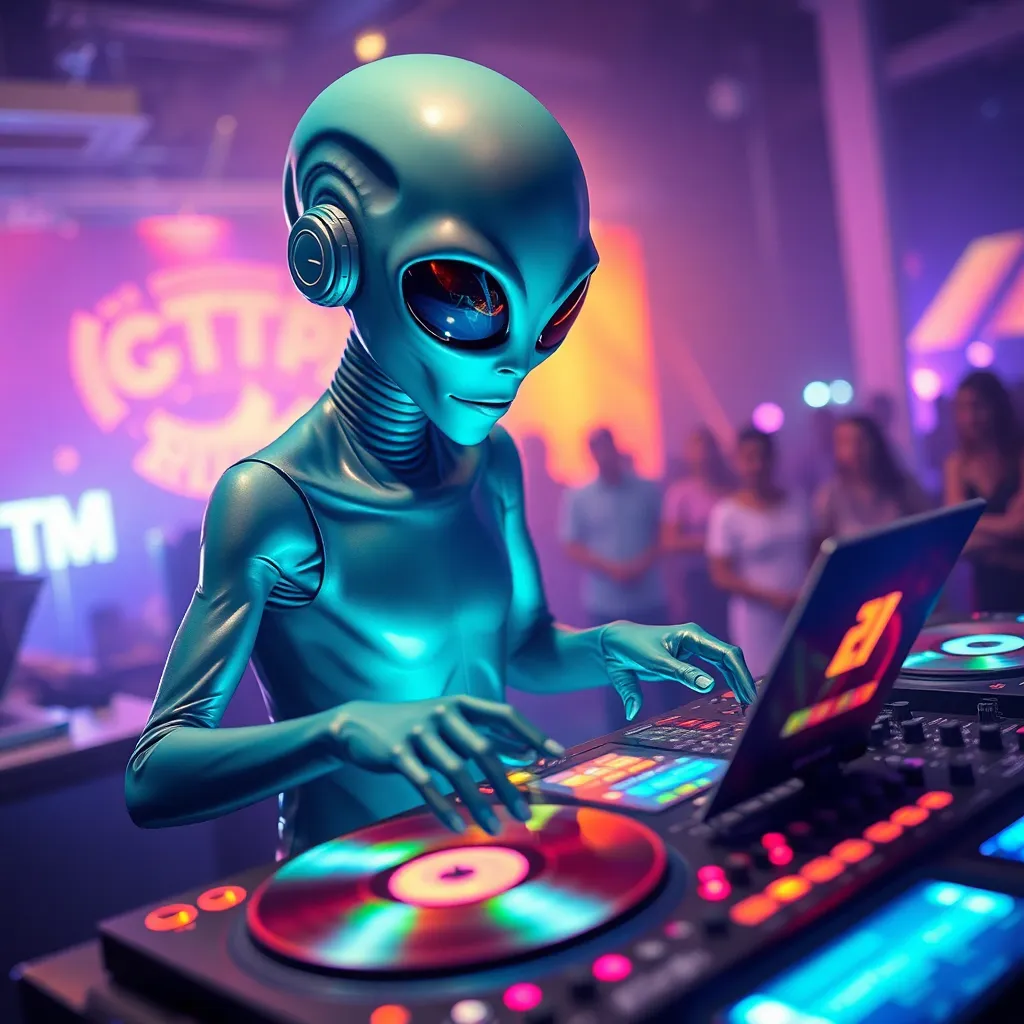 Alien with a surprised expression using a DJ turntable in a neon-lit setting.