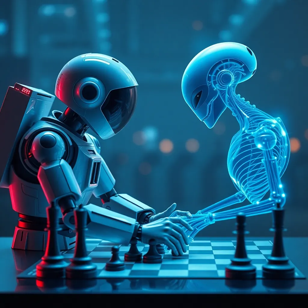 Two blue-skinned aliens playing chess in a neon-lit room.