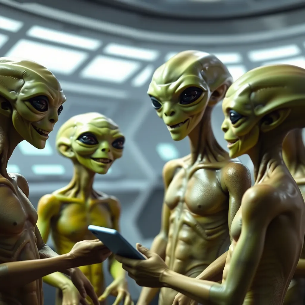 Group of yellow-skinned aliens in a futuristic room.