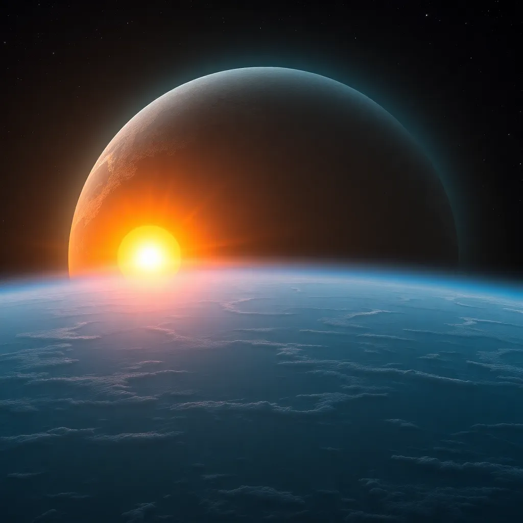 Planet with a sunrise or sunset over a curved horizon, with a bright light source behind.