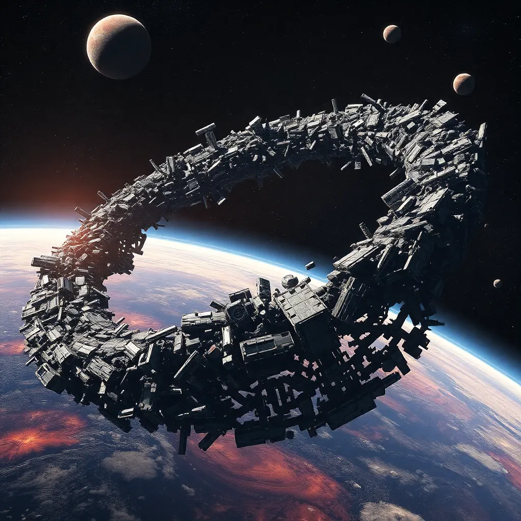 Ring-shaped asteroid or space debris orbiting a planet.