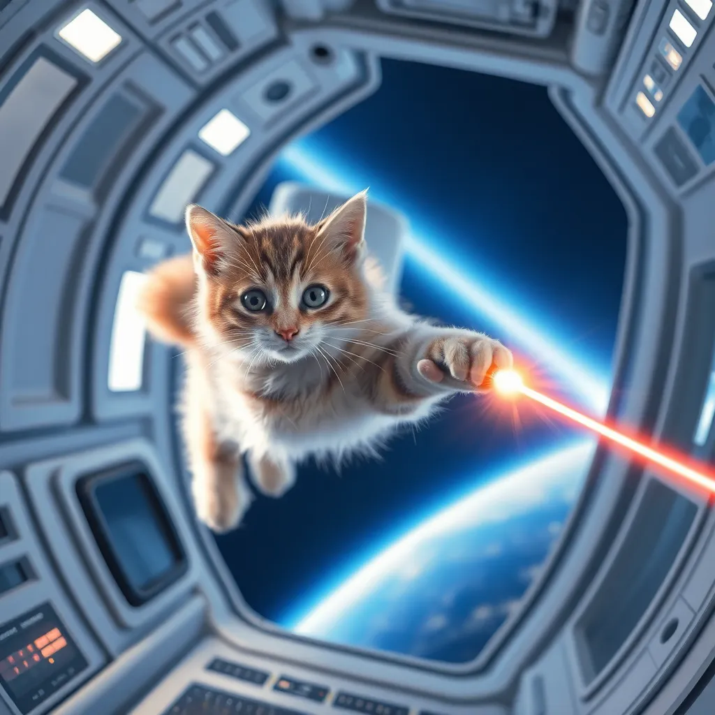 Cat floating in a spaceship window with a laser beam coming from its eye and Earth in the background.