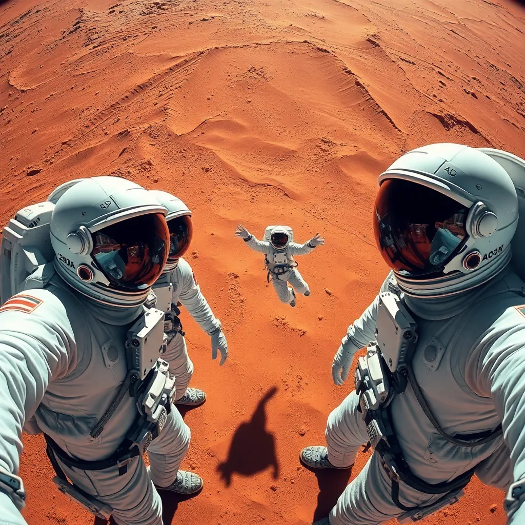 Two astronauts on a red, desert-like surface with a spaceship window in the background.