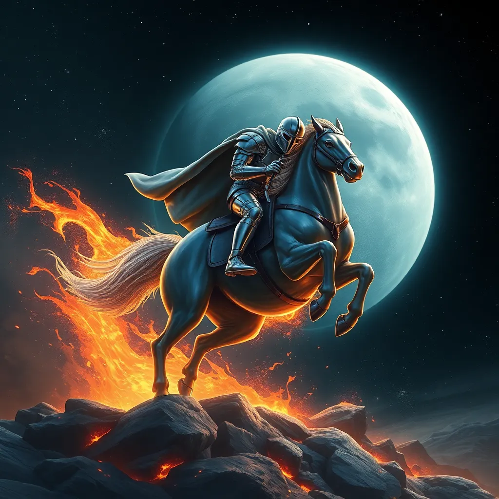 Figure on horseback with flames and a large moon in the background.