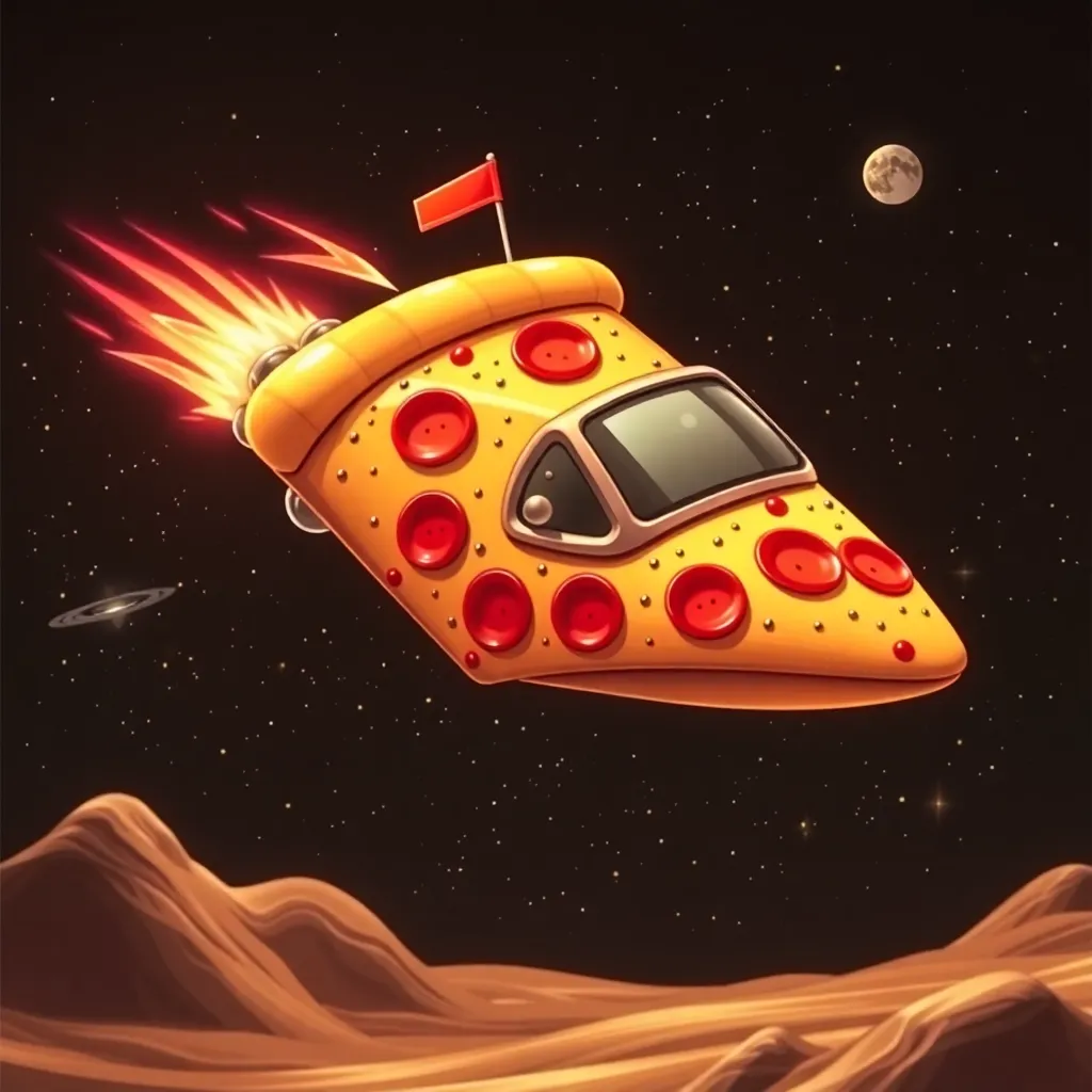 Slice of pizza with a rocket booster and a flag flying over a desert-like landscape.