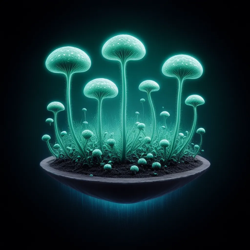 Glowing, mushroom-like plants on a small, floating platform against a dark background.