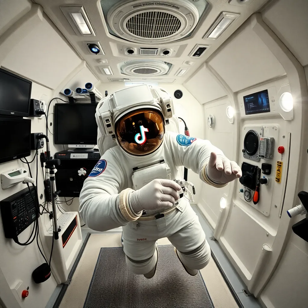 Astronaut floating inside a spaceship cabin.