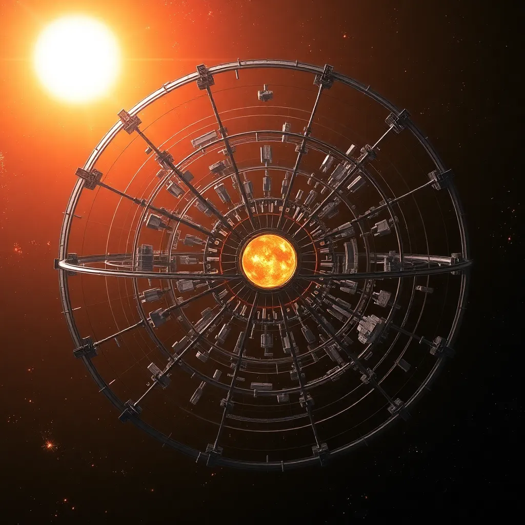 A circular structure in space with a bright sun-like object at its center, surrounded by a wire mesh.