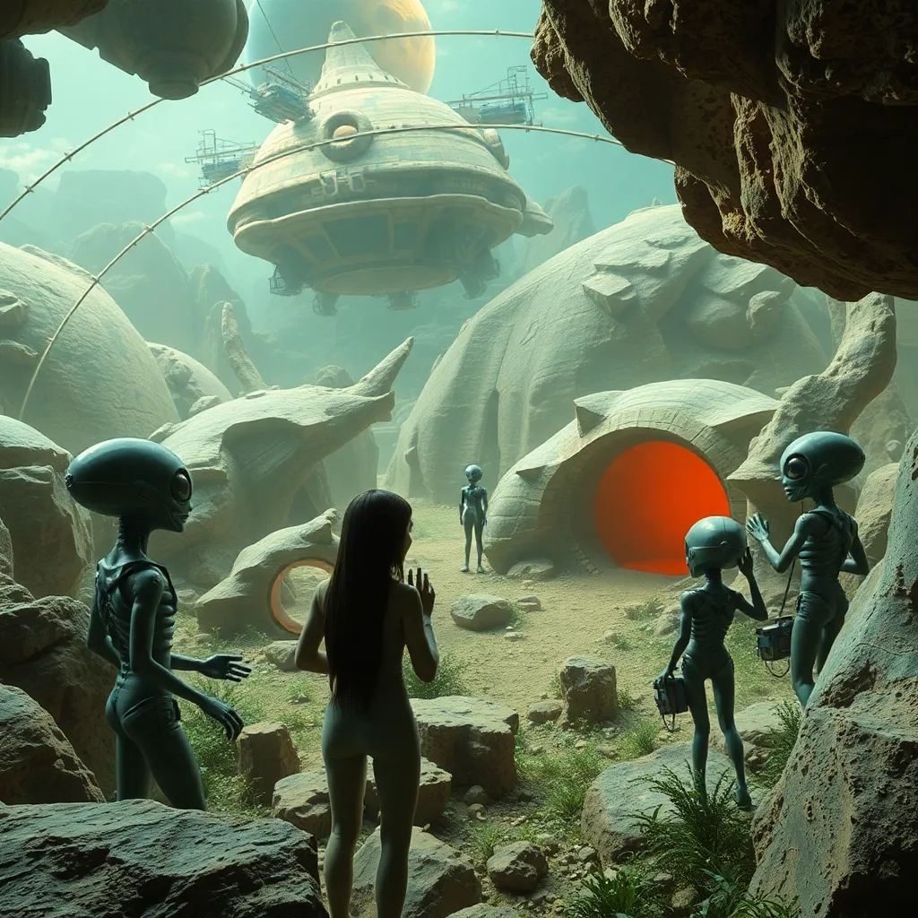 A surreal underwater scene with alien creatures and humans exploring a sunken spaceship.