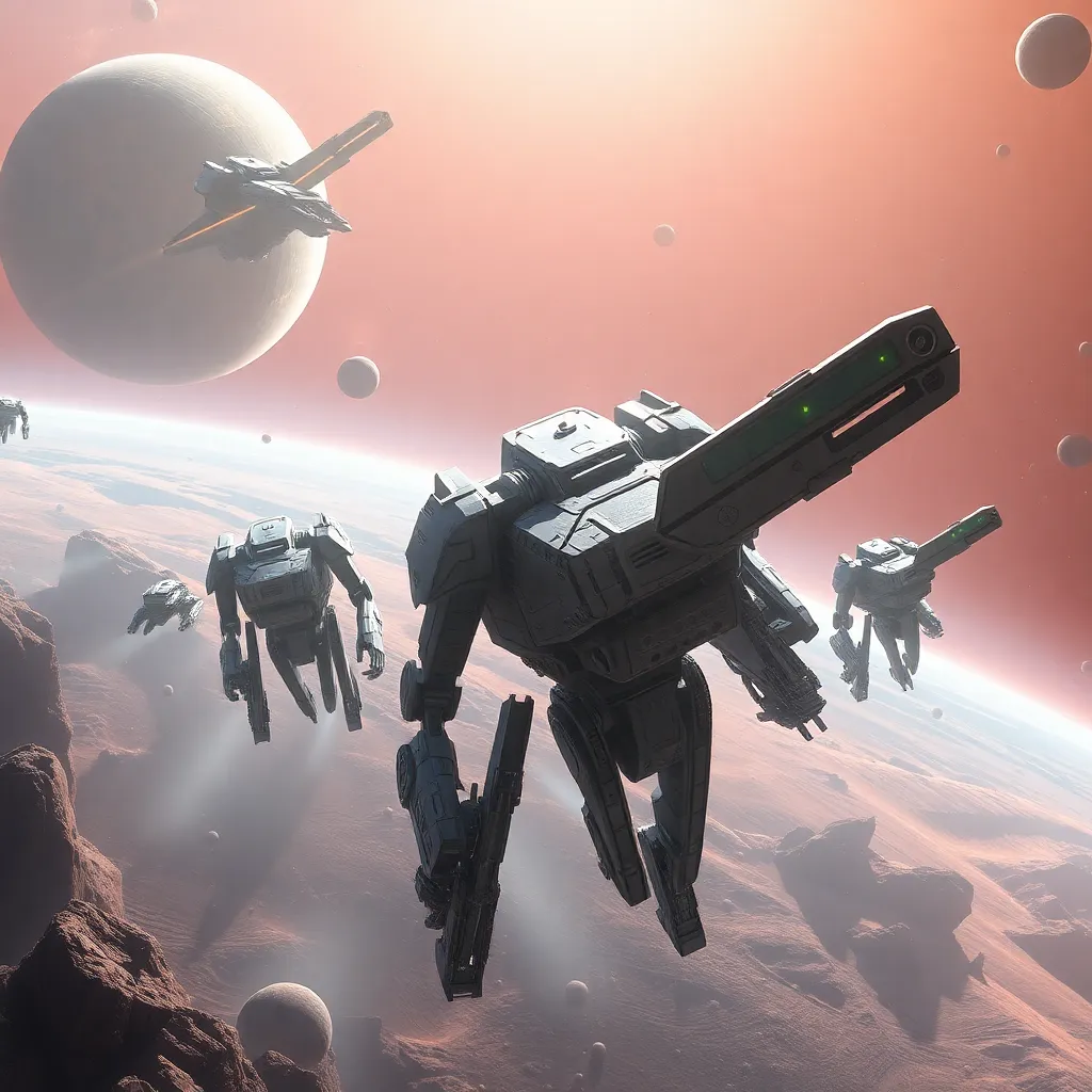 A fleet of triangular spaceships flying in formation over a rocky landscape with a planet in the background.