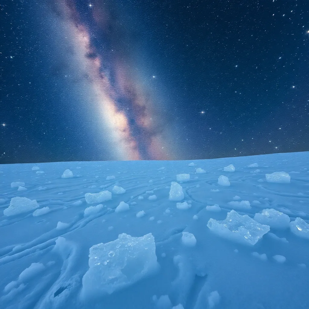 A close-up view of a blue, icy surface with a bright galaxy visible in the distance.