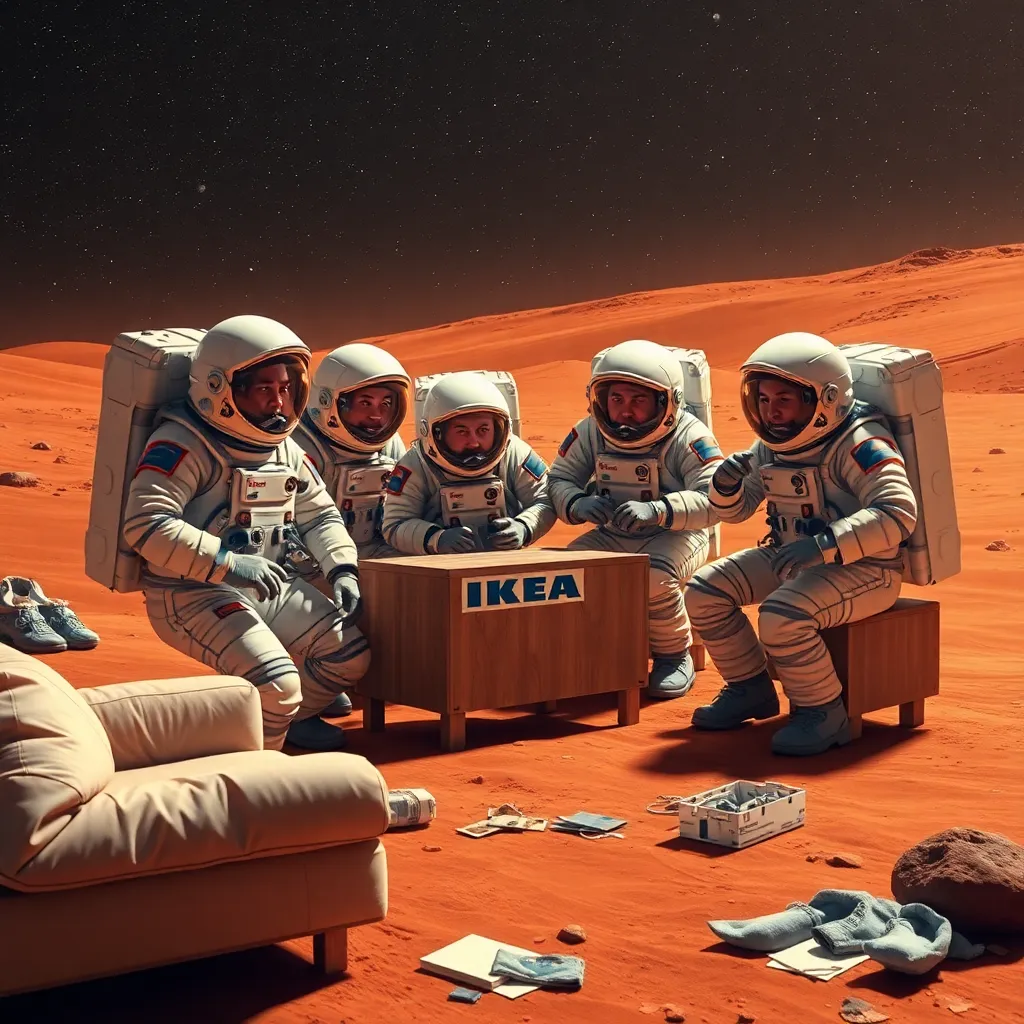 A group of astronauts sitting around a table on a red, rocky surface, with a couch and a board game.