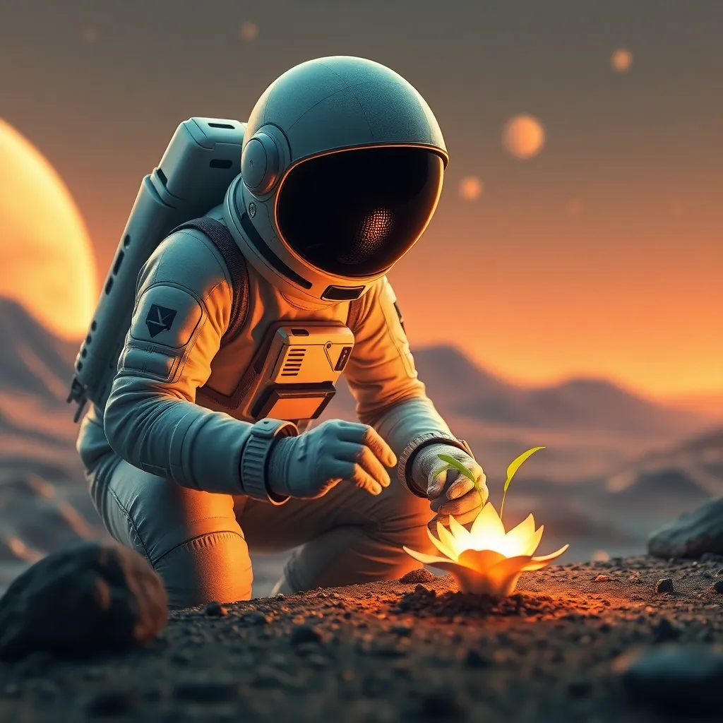 Astronaut kneeling on a rocky surface, lighting a small fire with a sunset in the background.