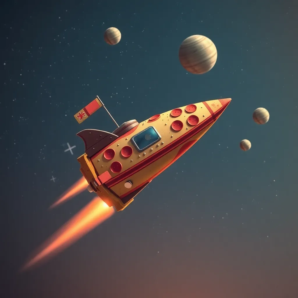 A retro-style rocket ship flying through space with planets and stars in the background.