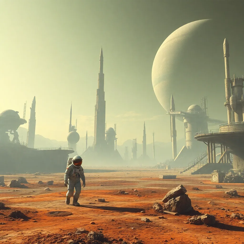 A person standing on a barren landscape with tall, futuristic structures in the distance and a large, pale planet in the sky.