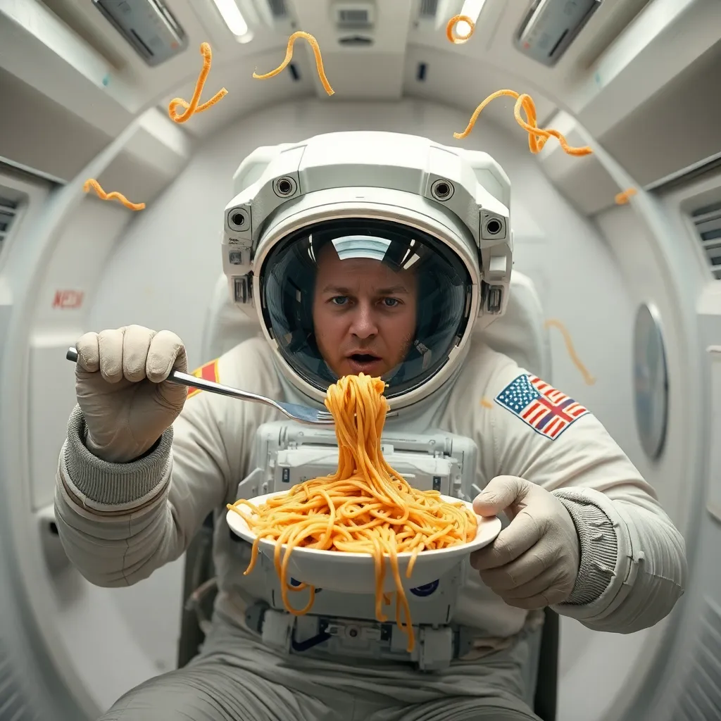 An astronaut in a spacesuit eating noodles in a futuristic setting.