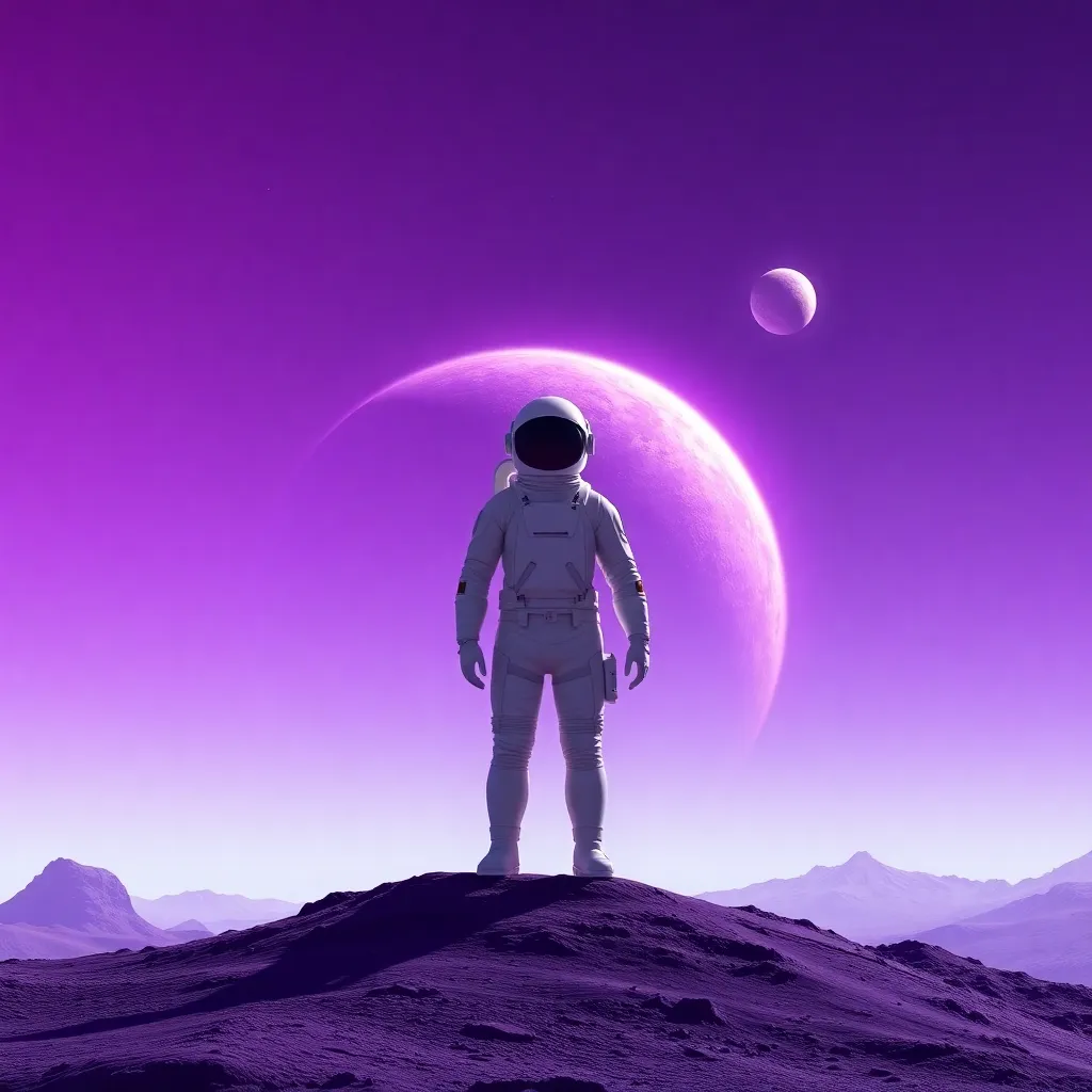 A person standing on a purple, rocky hill with a smaller planet and moon in a purple sky.