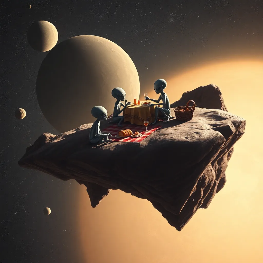 A group of people sitting on a floating piece of rock in space, with planets and stars in the background.