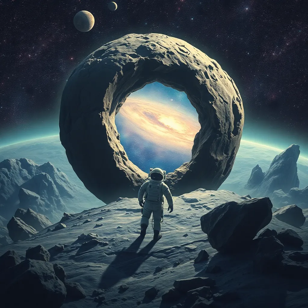 A person standing on a rocky surface facing a large ring structure in space with a planet visible through it.