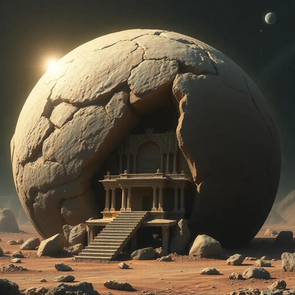 A large, cracked, sphere-like structure on a barren, rocky landscape with a building at its base.