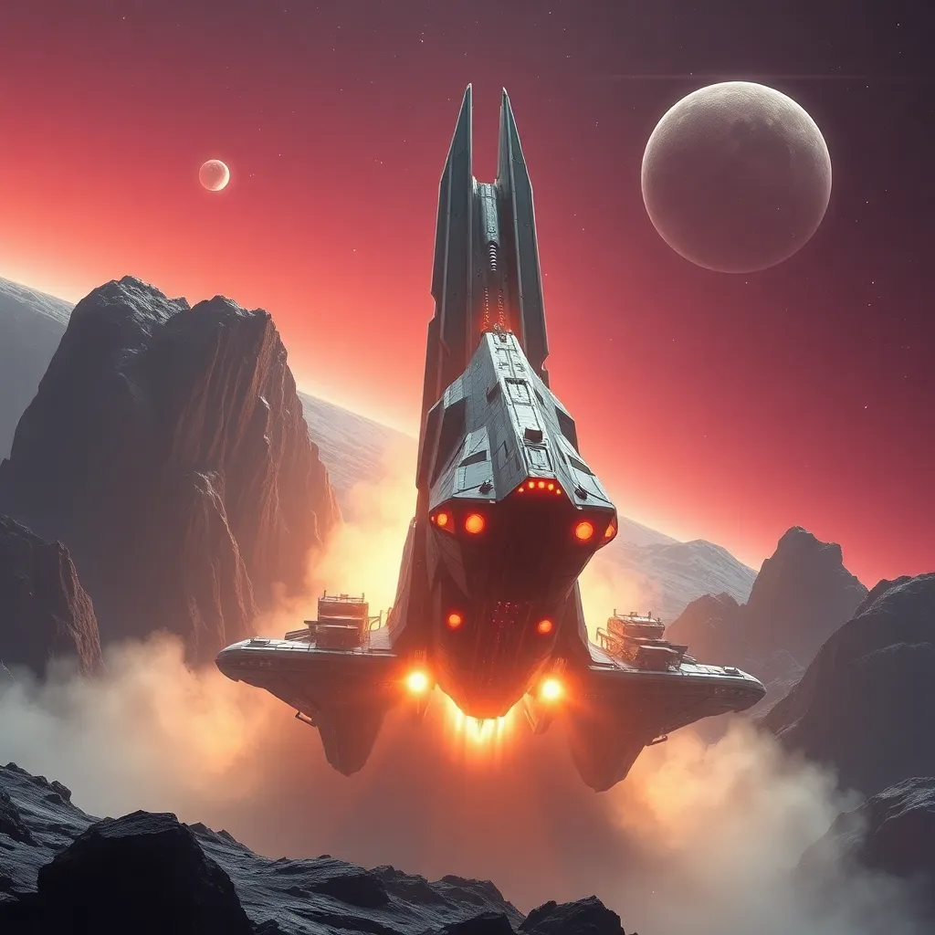 A futuristic spaceship with a pointed nose flying through a fiery, red atmosphere.