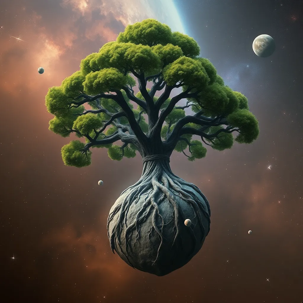 Tree growing on a floating island with a planet and stars in the background.