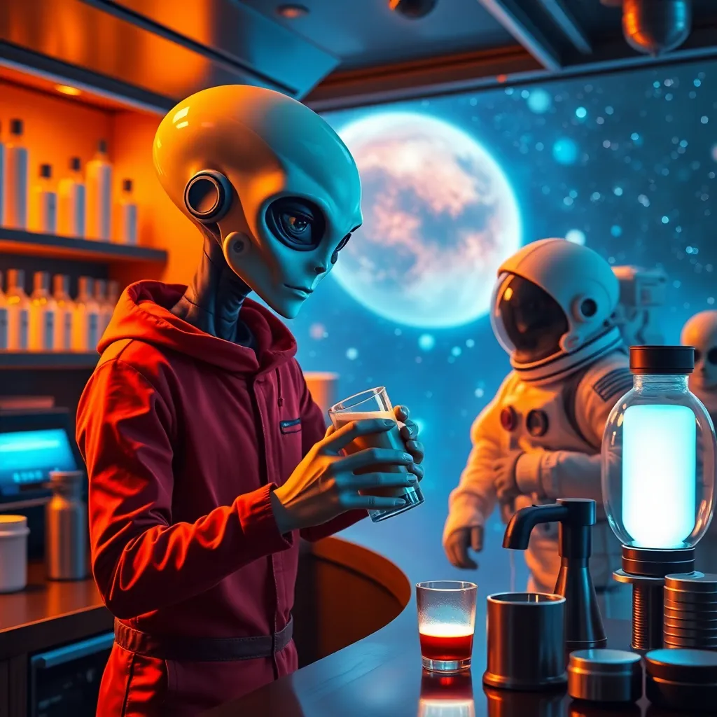 Two alien figures with large eyes and bald heads, one wearing a red hoodie, standing in a brightly lit room with a view of space.