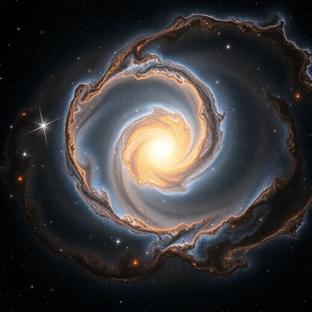 A swirling galaxy with a bright center and spiral arms against a dark background.