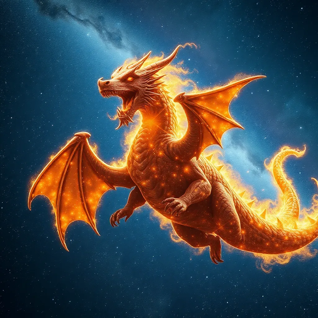 A golden, dragon-like creature flying in a blue, starry space.