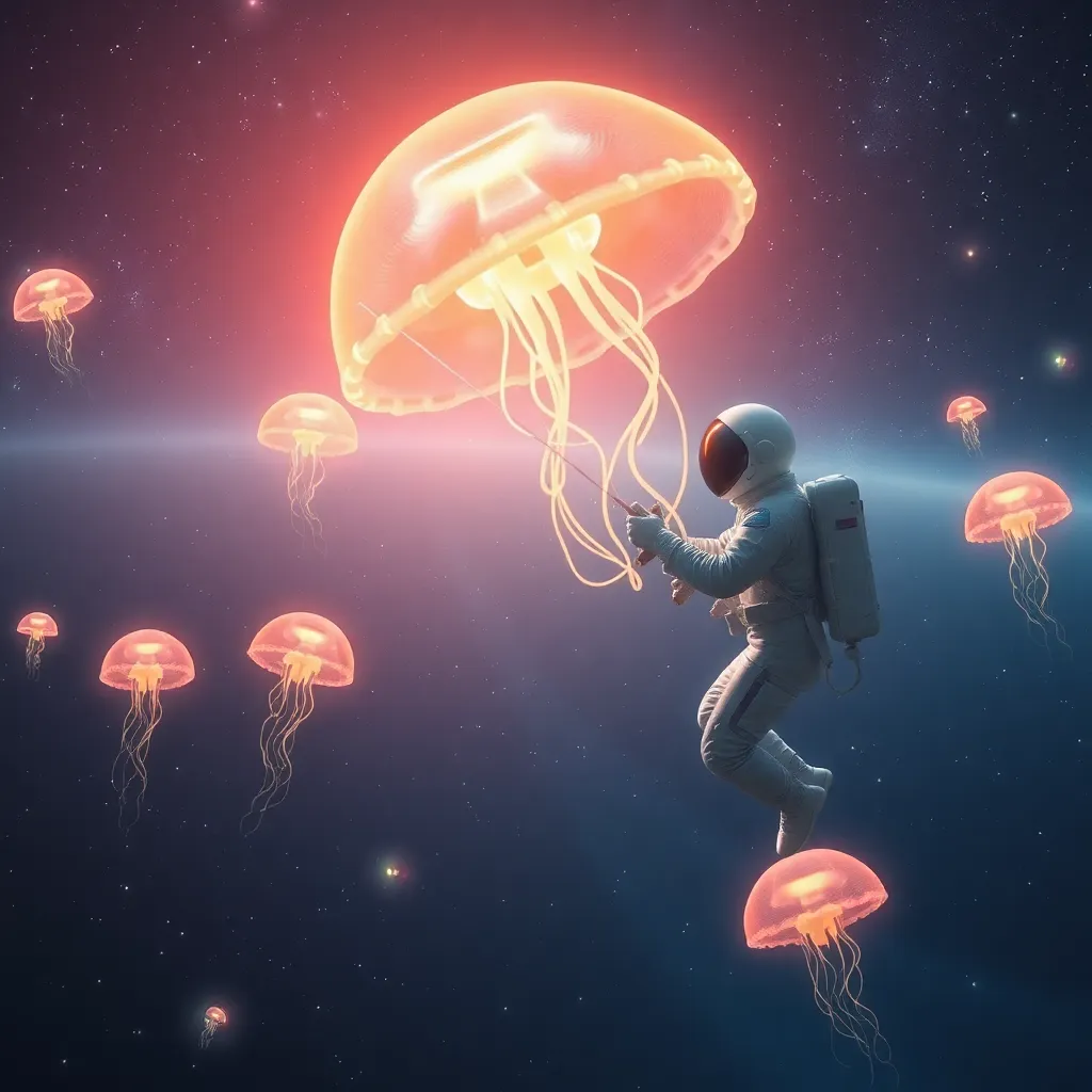 An astronaut floating in space with translucent, jellyfish-like creatures illuminated by a bright light source.